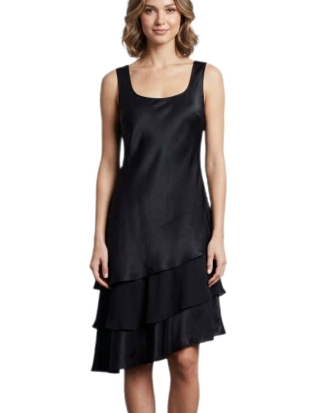 Karin Stevins Dress Satin Y2K Vintage Layered Tiered Sleeveless Black Size 8